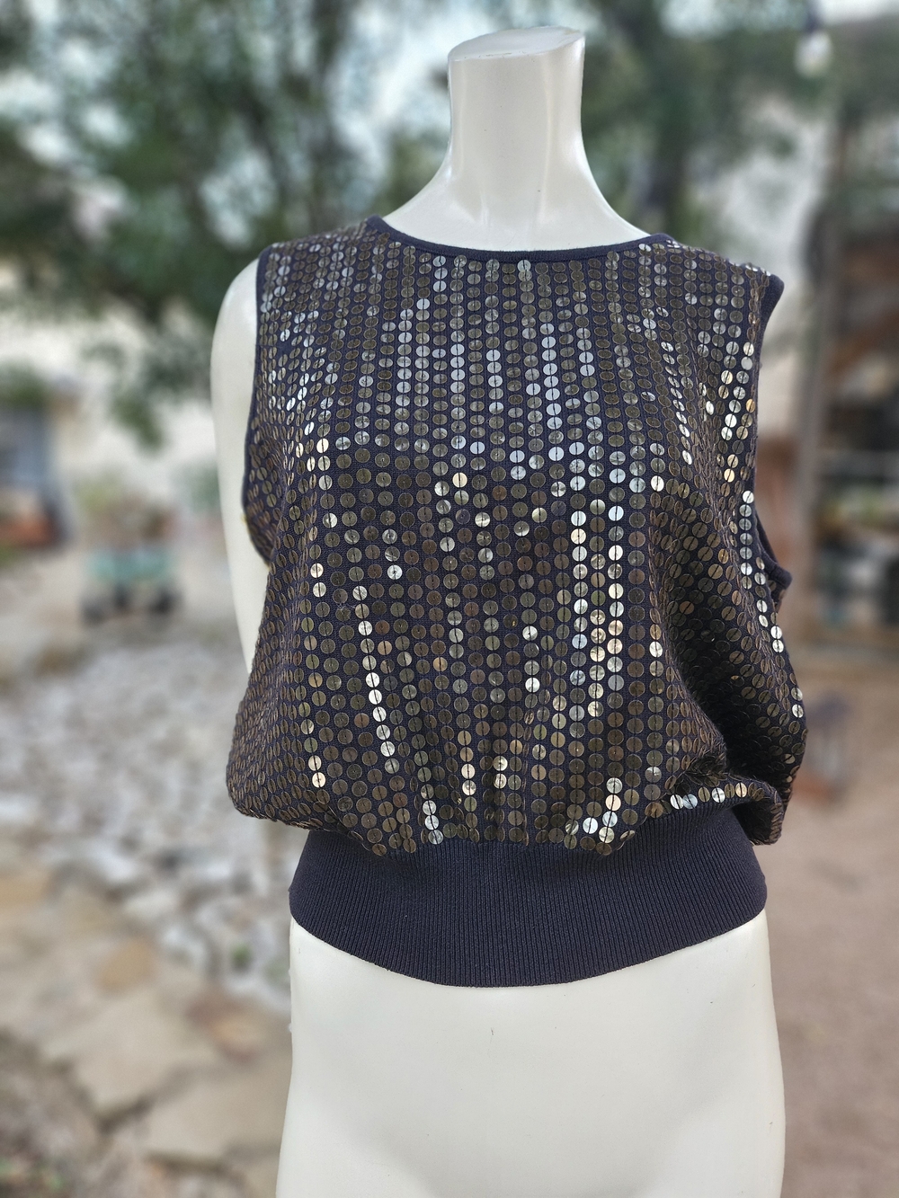 Vtg Belford Women’s Black Blouse Soft Cotton Knit Pullover With Black Sequins L